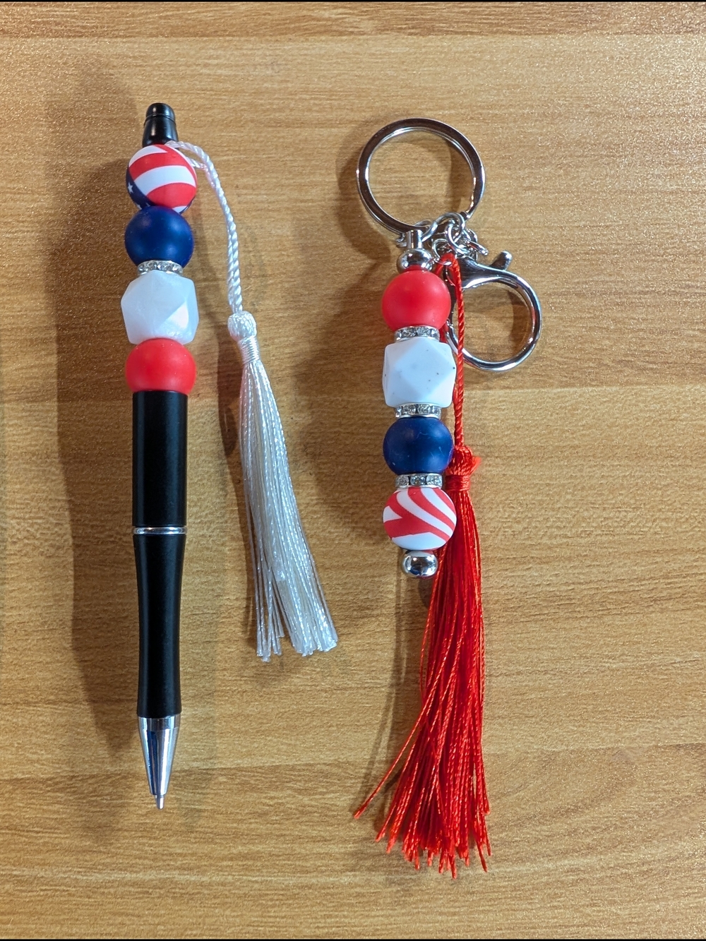 Hand Crafted Red White Blue Beaded Tassel Pen and Keychain Set